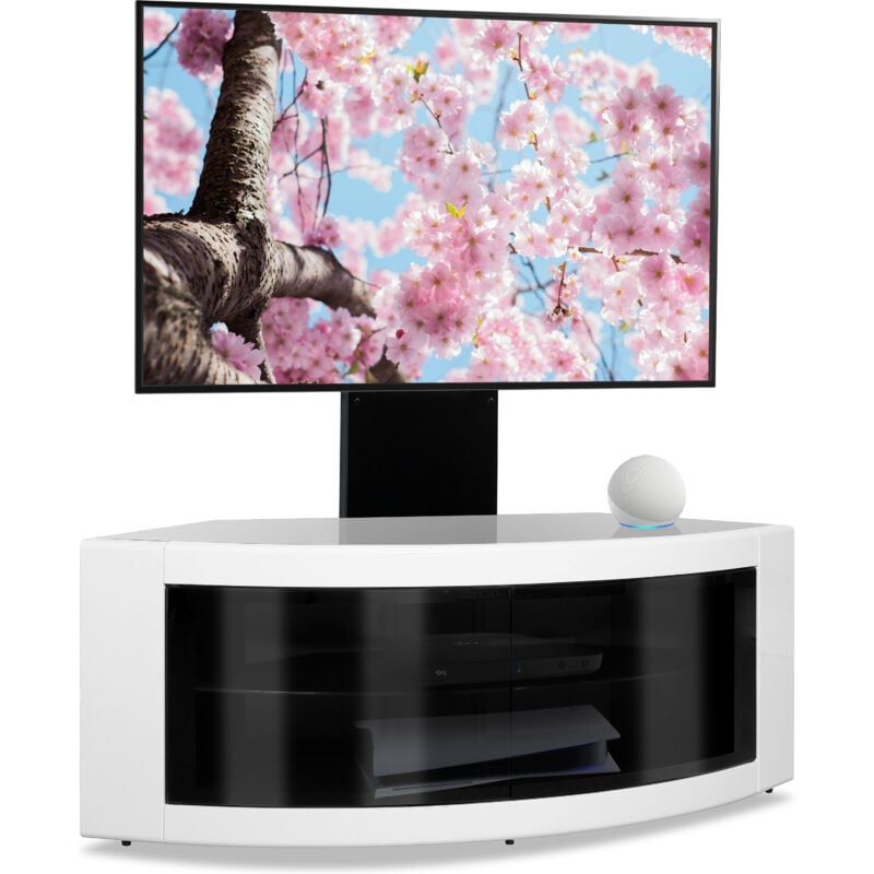 Homeology PANGEA Black/White Beam-Thru Curved True-Corner 32"-50" TV Cabinet with Mounting Arm