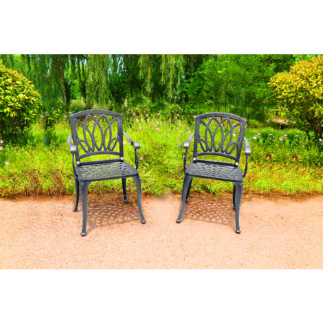 Homeology Positano 2-Large Garden & Patio Bistro Chairs with Armrests in Cast Aluminium Grey