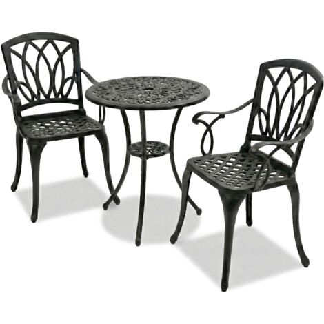 Homeology POSITANO Garden & Patio Table & 2 Large Chairs with Armrests Cast Aluminium Bistro Set - Black