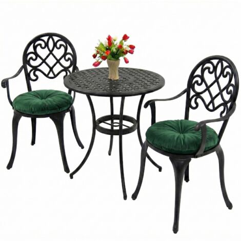 Homeology PREGO Garden & Patio Table & 2 Large Chairs with Armrests Cast Aluminium Bistro Set - Black