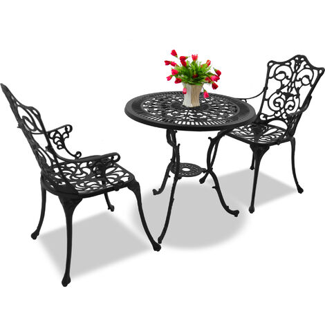 Homeology TABREEZ Garden & Patio Table & 2 Large Chairs with Armrests Cast Aluminium Bistro Set - Black