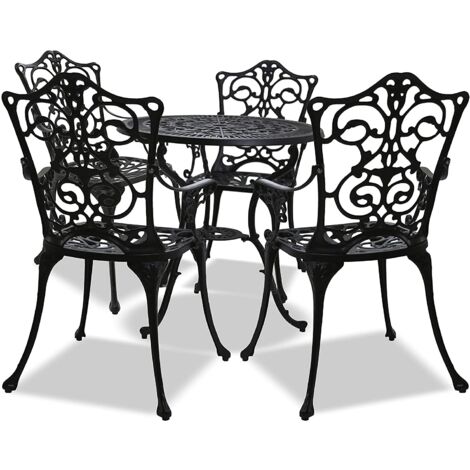 Homeology TABREEZ Opulent Garden & Patio Table & 4 Large Chairs with Armrests Cast Aluminium Bistro Set - Black