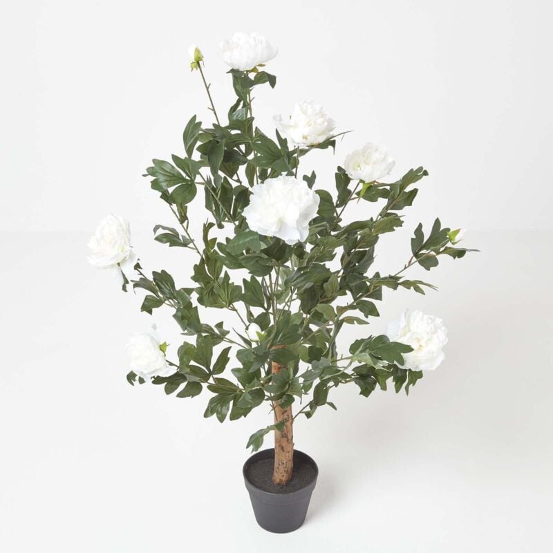 Homescapes - Arbre Pivoines artificielles Crème en pot noir, 100 cm