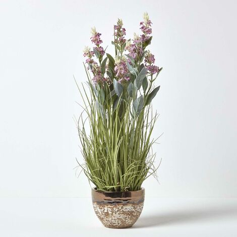 HOMESCAPES Artificial Lavender Plant in Decorative Metallic Ceramic Pot, 66 cm Tall
