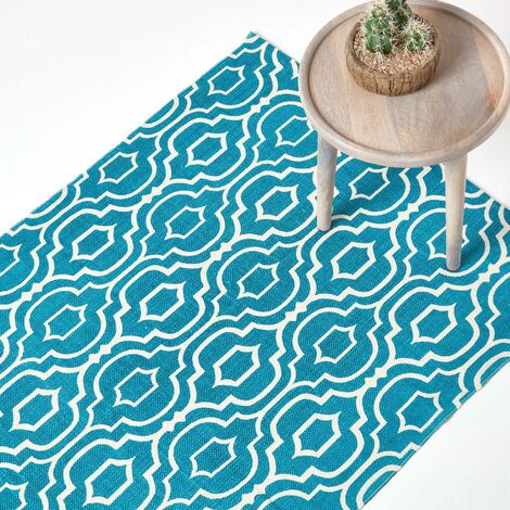 HOMESCAPES Bedruckter Baumwoll-Teppich Riga mit Muster in Blau und Weiß, 90 x 150 cm