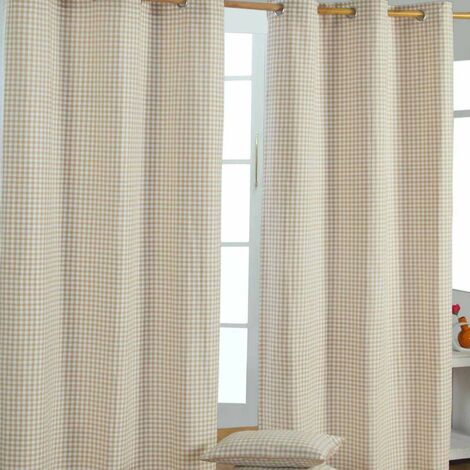 HOMESCAPES Beige Cotton Gingham Eyelet Curtains 117 x 137 cm