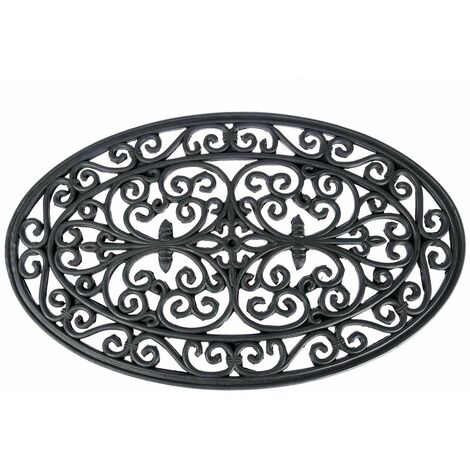 HOMESCAPES Black Wrought Iron Effect Parisian Oval Rubber Doormat
