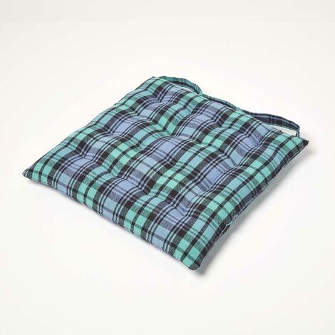 HOMESCAPES Blackwatch Tartan Seat Pad with Button Straps 100% Cotton 40 x 40 cm