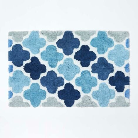 HOMESCAPES Blue and Grey Pattern Cotton Bath Mat - Blue - Blue