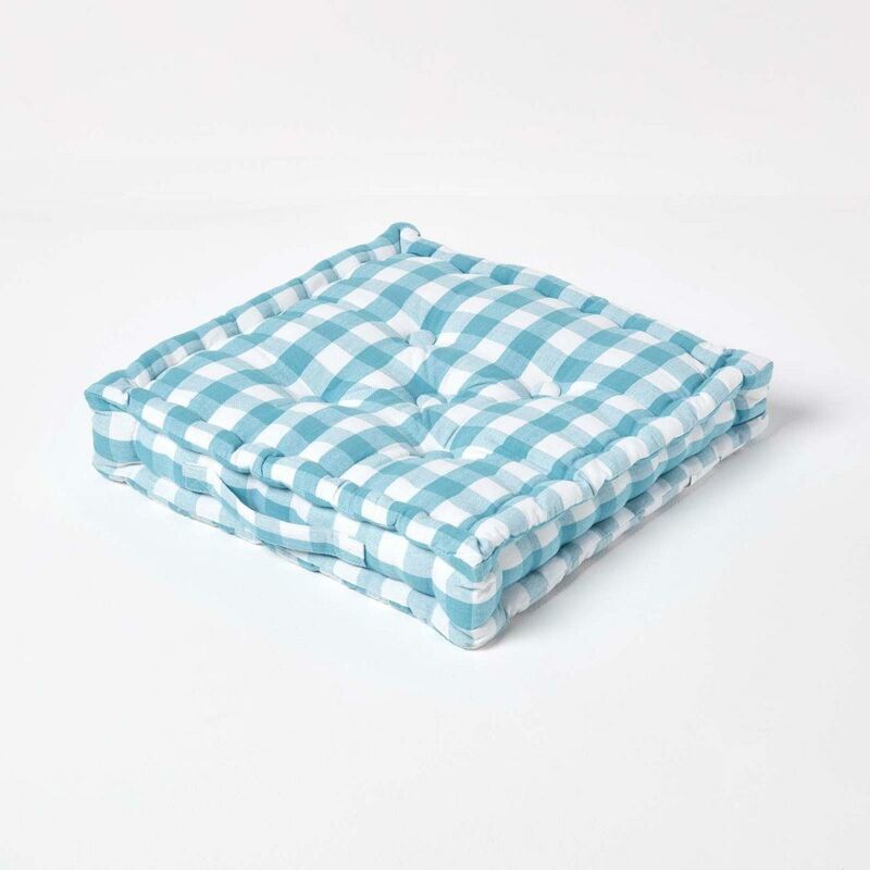 Blue Block Check Cotton Gingham Floor Cushion, 40 x 40 cm - Blue - Homescapes