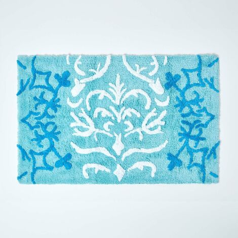 HOMESCAPES Blue Damask Cotton Bath Mat - Blue - Blue