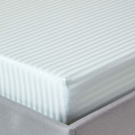 HOMESCAPES Blue Egyptian Cotton Satin Stripe Fitted Sheet 330 Thread Count, Small Double - Blue