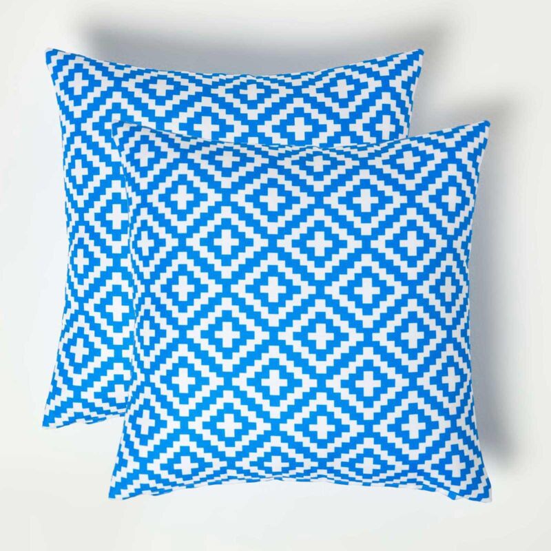 Homescapes - Blue Geometric Outdoor Cushion 45 x 45 cm, Set of 2