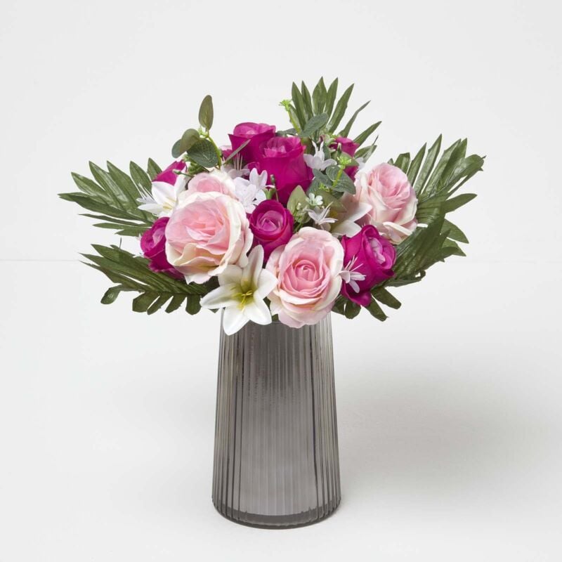 Homescapes - Bouquet de fleurs artificielles Lys et roses, Rose - Multicolore