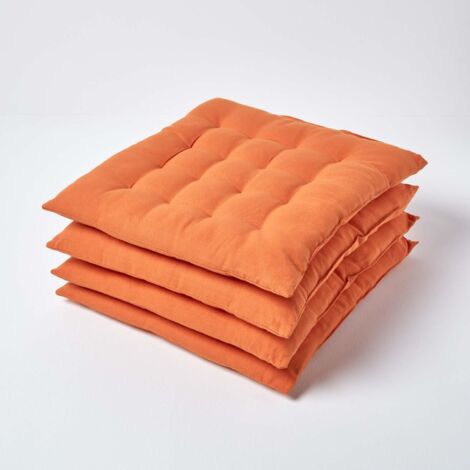 HOMESCAPES Burnt Orange Plain Seat Pad with Button Straps, 40 x 40cm, Set of 4