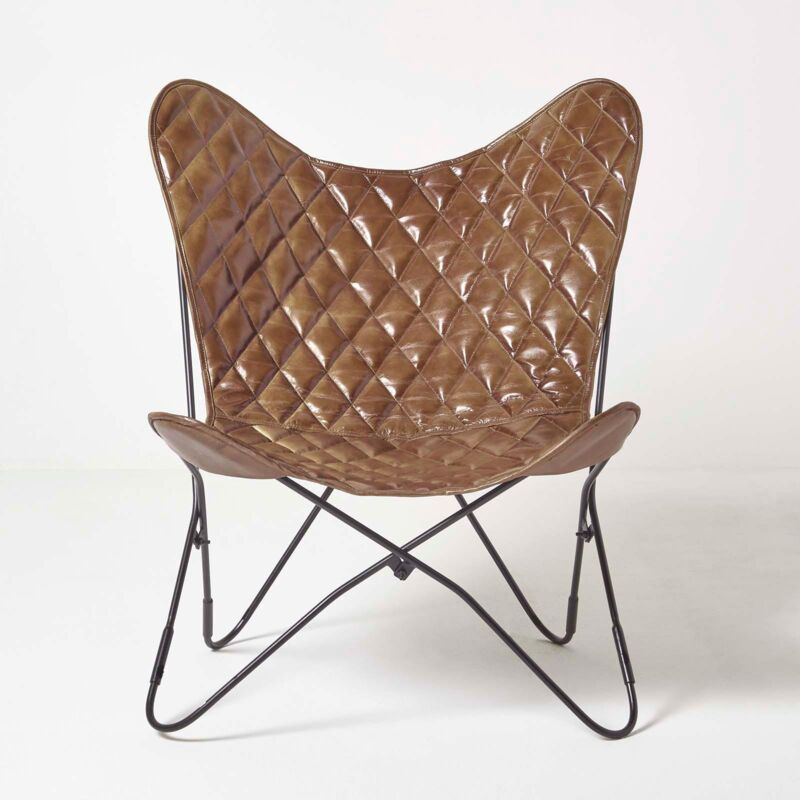 Homescapes Butterfly-sessel, Braunes Leder Mit Diamantmuster