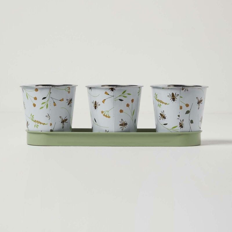 Homescapes - Cache-pots avec plateau à motif abeilles - Blanc, vert