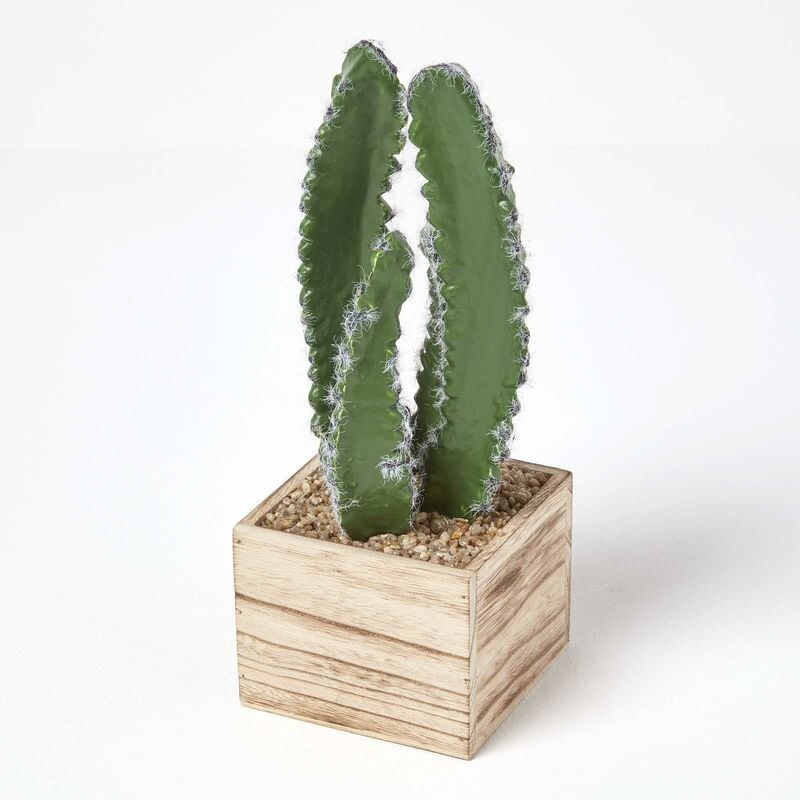Homescapes - Cactus cierge artificiel en pot carré en bois mdf 33 cm - Vert