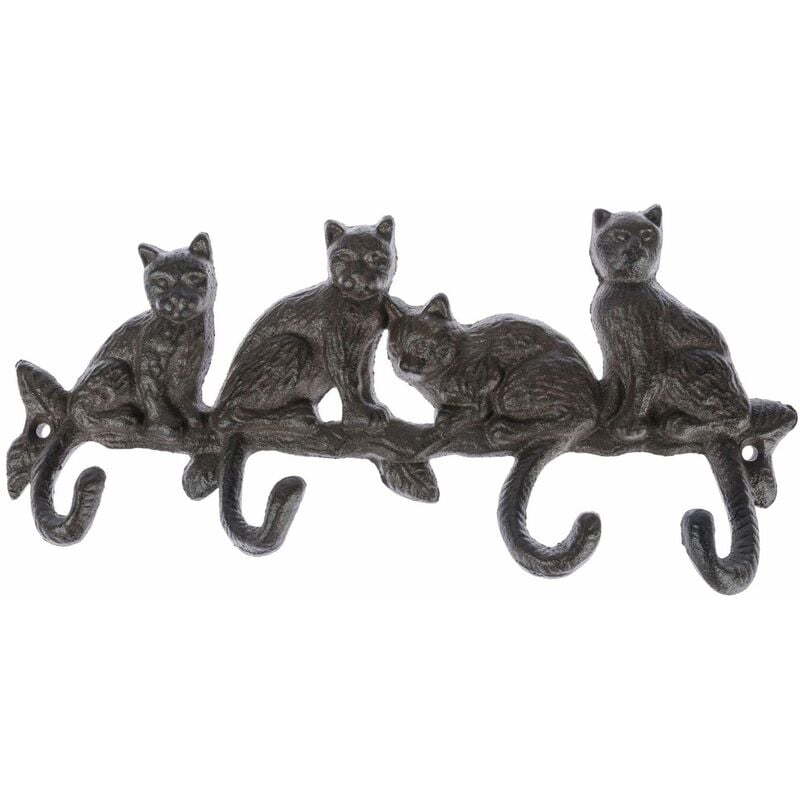 HOMESCAPES Cat Tail Cast Iron Coat Hook Hanger with Cats on a Branch Design