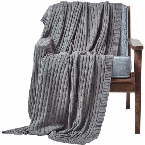 HOMESCAPES Cotton Cable Knit Throw Grey, 130 x 170 cm