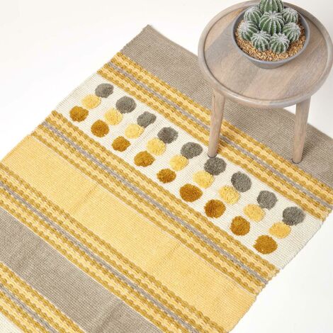 HOMESCAPES Cotton Chenille Striped Tufted Circle Rug Grey Mustard Yellow 90 x 150cm - Yellow