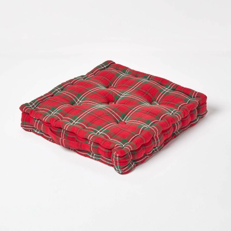 Homescapes Cotton Edward Tartan Floor Cushion, 50 x 50 cm
