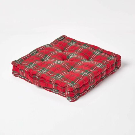 HOMESCAPES Cotton Edward Tartan Floor Cushion, 50 x 50 cm