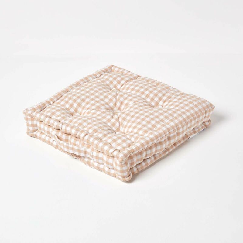 Homescapes - Cotton Gingham Check Beige Floor Cushion, 50 x 50 cm