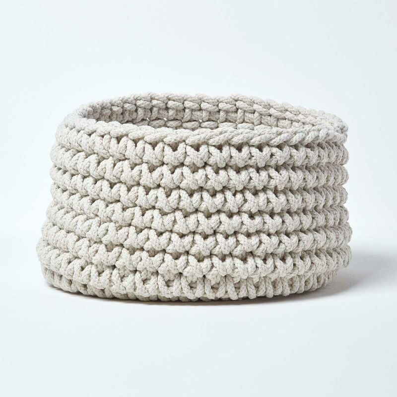 Natural Cotton Knitted Round Storage Basket, 37 x 21 cm - Natural - Homescapes