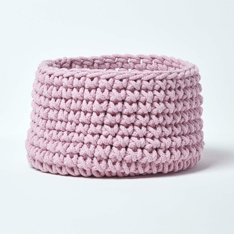 HOMESCAPES Pastel Pink Cotton Knitted Round Storage Basket, 37 x 21 cm