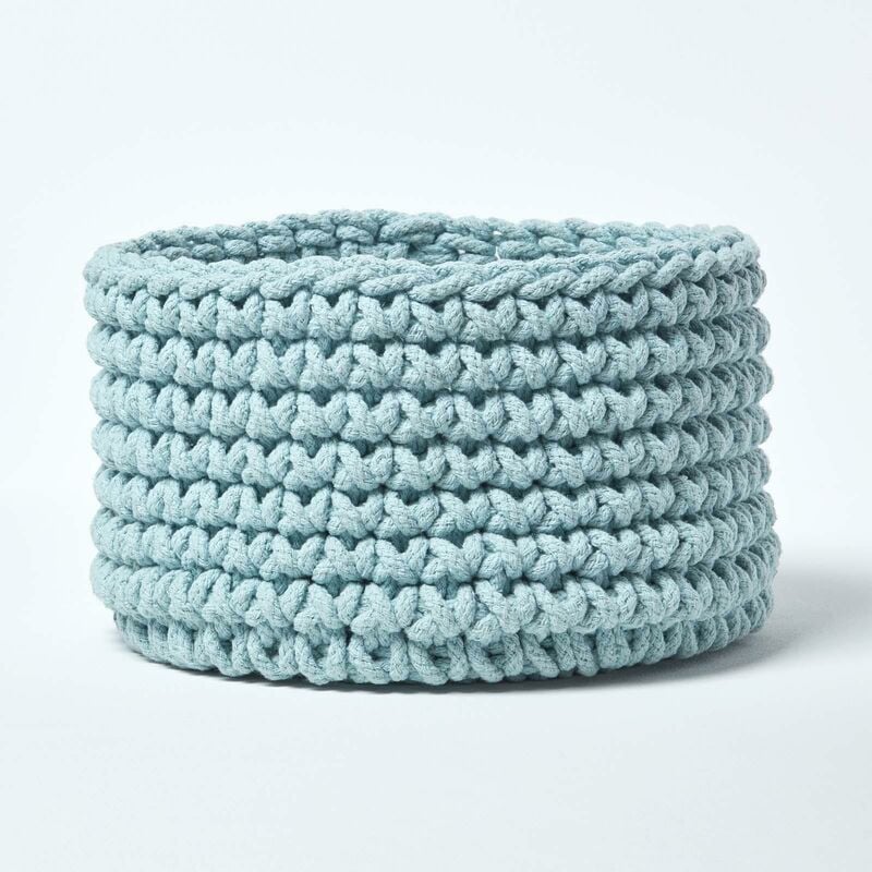 Pastel Blue Cotton Knitted Round Storage Basket, 37 x 21 cm - Pastel Blue - Homescapes