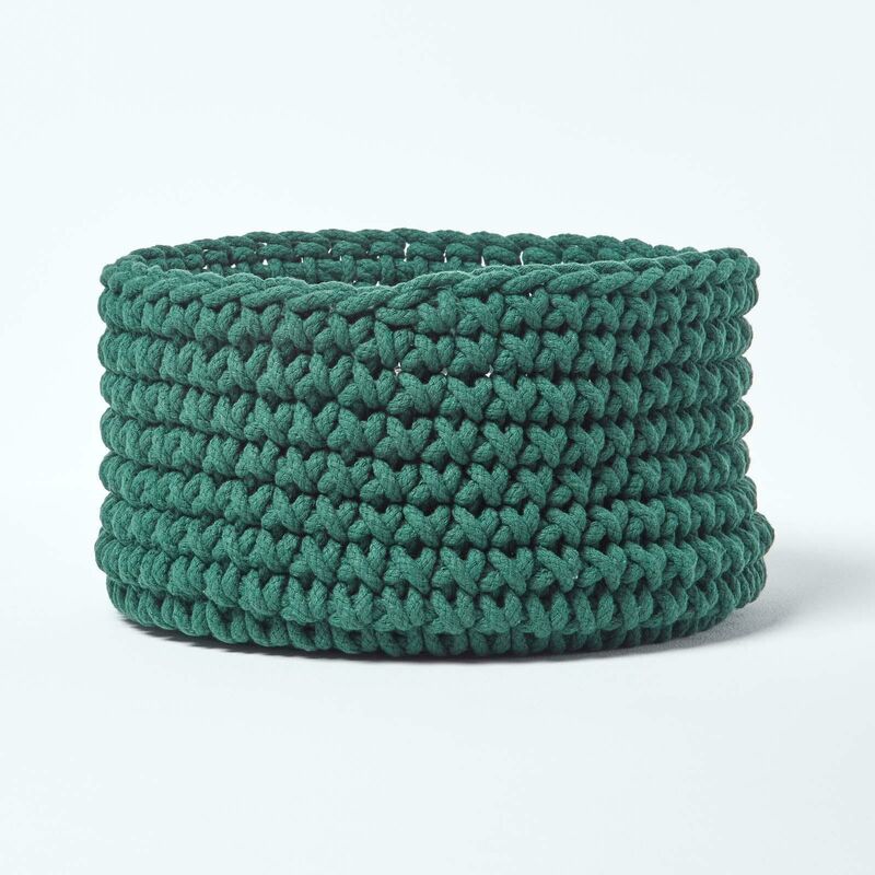 Forest Green Cotton Knitted Round Storage Basket, 37 x 21cm - Forest Green - Homescapes