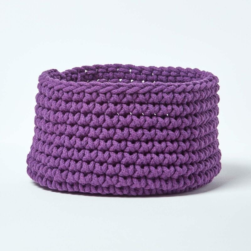 Deep Purple Cotton Knitted Round Storage Basket, 37 x 21 cm - Purple - Homescapes