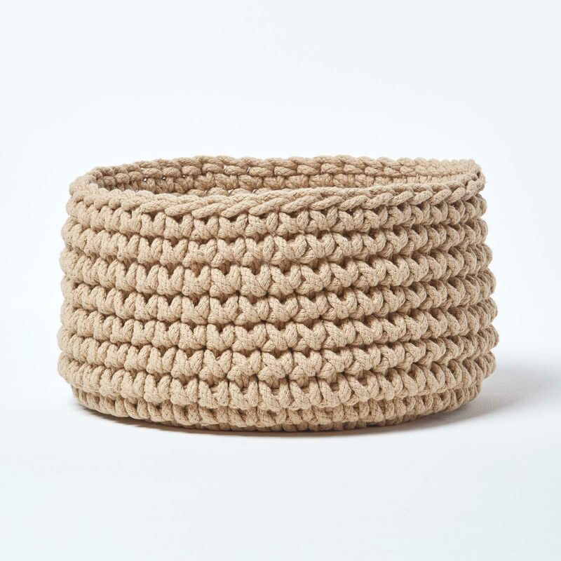 Linen Cotton Knitted Round Storage Basket, 37 x 21 cm - Linen - Homescapes