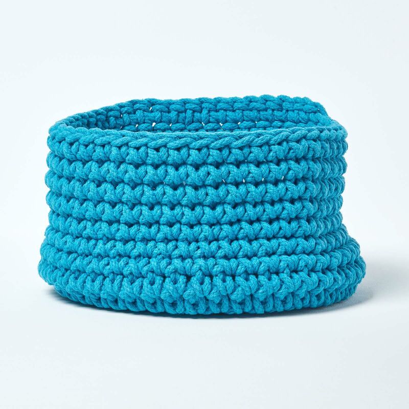 HOMESCAPES Teal Blue Cotton Knitted Round Storage Basket, 37 x 21cm