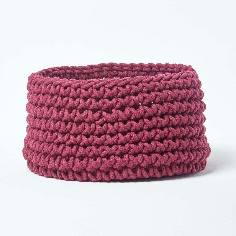 Plum Cotton Knitted Round Storage Basket, 37 x 21cm - Plum - Homescapes