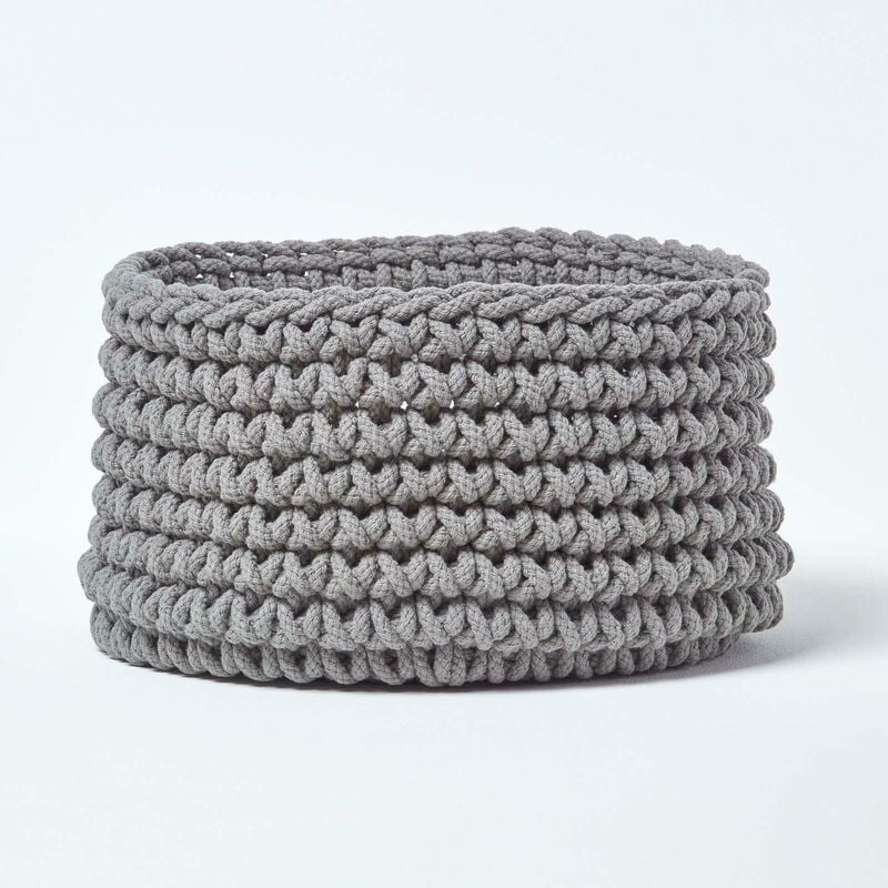 Grey Cotton Knitted Round Storage Basket, 37 x 21 cm - Grey - Homescapes