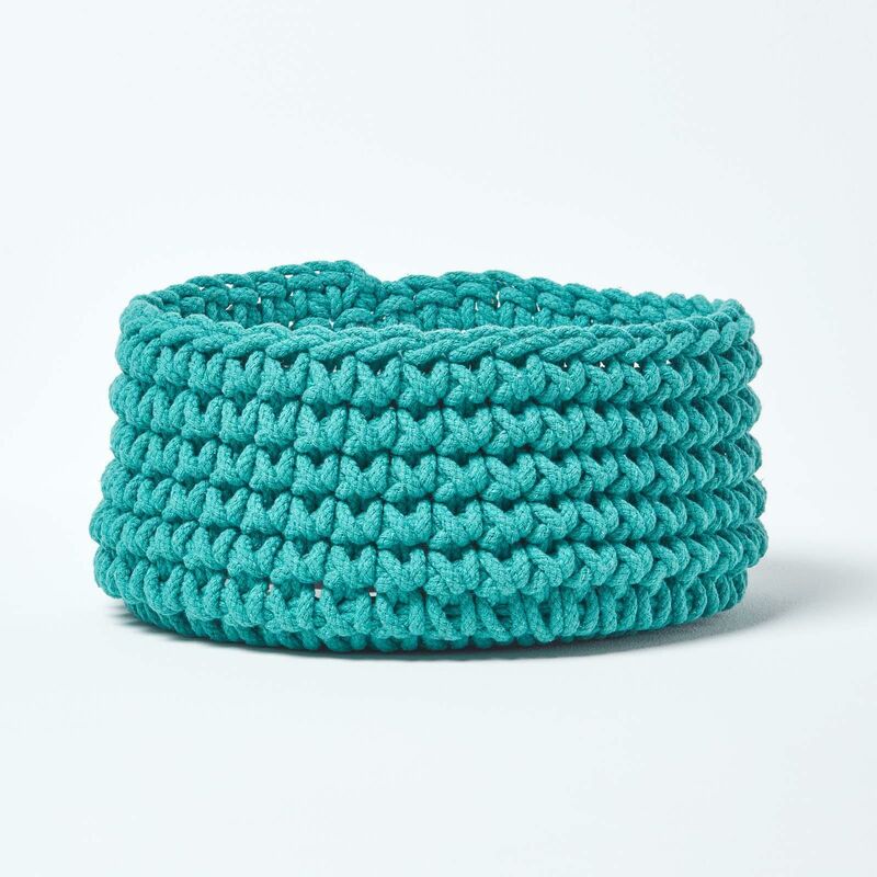 Teal Green Cotton Knitted Round Storage Basket, 37 x 21 cm - Teal Green - Homescapes