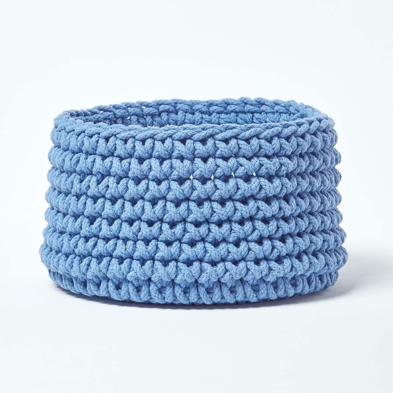 Blue Cotton Knitted Round Storage Basket, 37 x 21cm - Blue - Homescapes