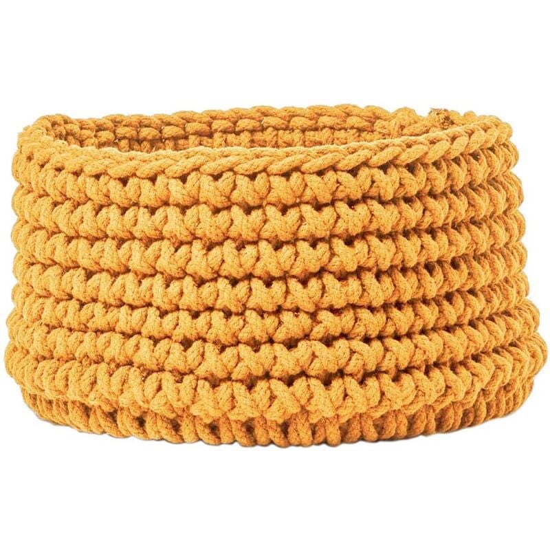 Yellow Cotton Knitted Round Storage Basket, 37 x 21 cm - Mustard - Homescapes