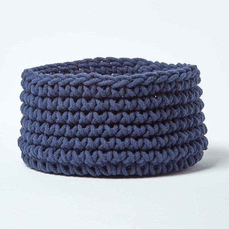 Homescapes - Navy Blue Cotton Knitted Round Storage Basket, 37 x 21 cm - Navy Blue