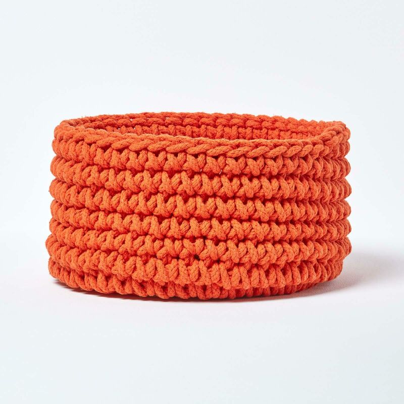 HOMESCAPES Burnt Orange Cotton Knitted Round Storage Basket, 37 x 21 cm