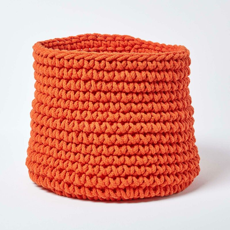 HOMESCAPES Burnt Orange Cotton Knitted Round Storage Basket, 42 x 37 cm