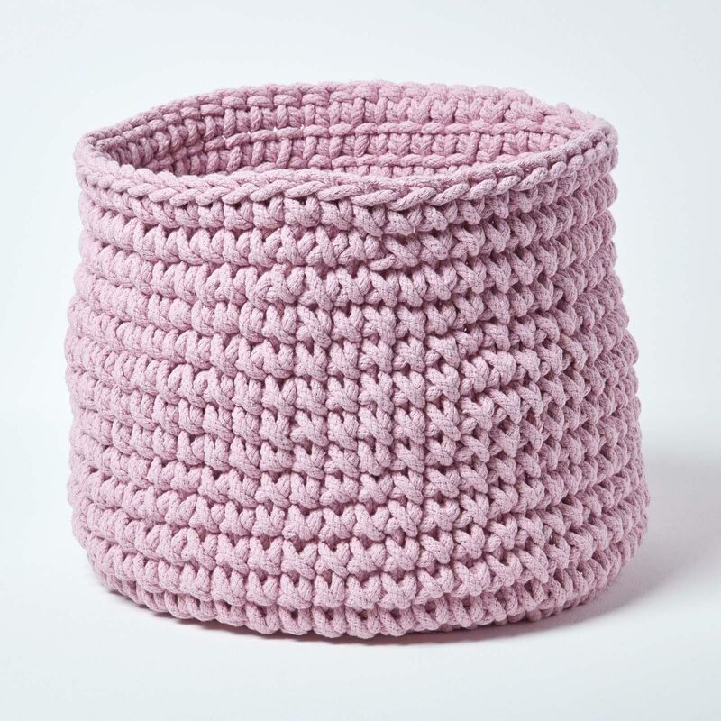 Pastel Pink Cotton Knitted Round Storage Basket, 42 x 37 cm - Pastel Pink - Homescapes