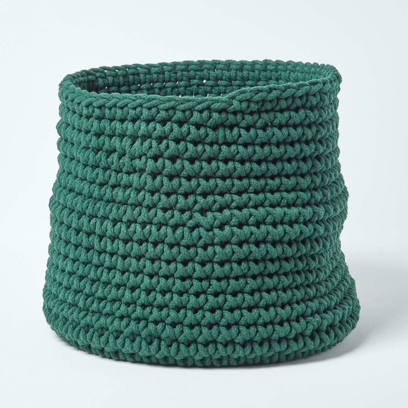 Forest Green Cotton Knitted Round Storage Basket, 42 x 37cm - Forest Green - Homescapes