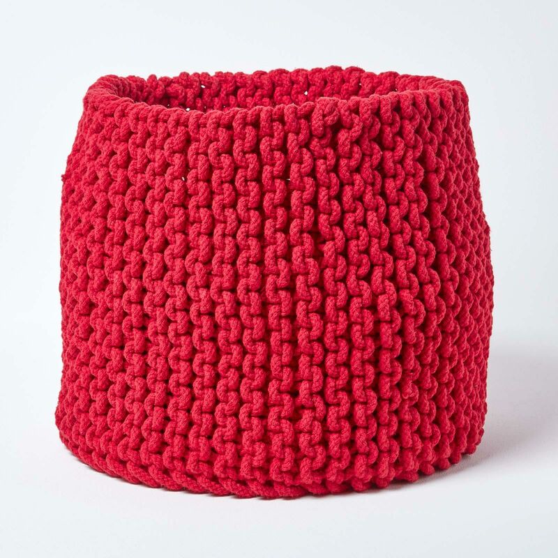 Red Cotton Knitted Round Storage Basket, 42 x 37 cm - Red - Homescapes