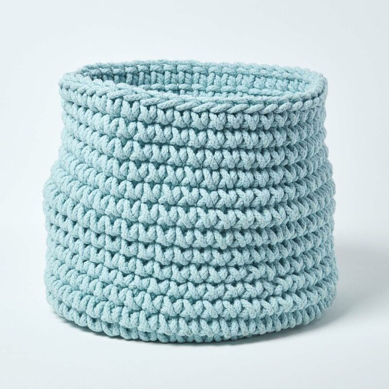 Pastel Blue Cotton Knitted Round Storage Basket, 42 x 37 cm - Pastel Blue - Homescapes