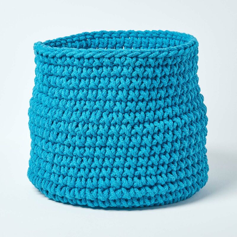 HOMESCAPES Teal Blue Cotton Knitted Round Storage Basket, 42 x 37cm