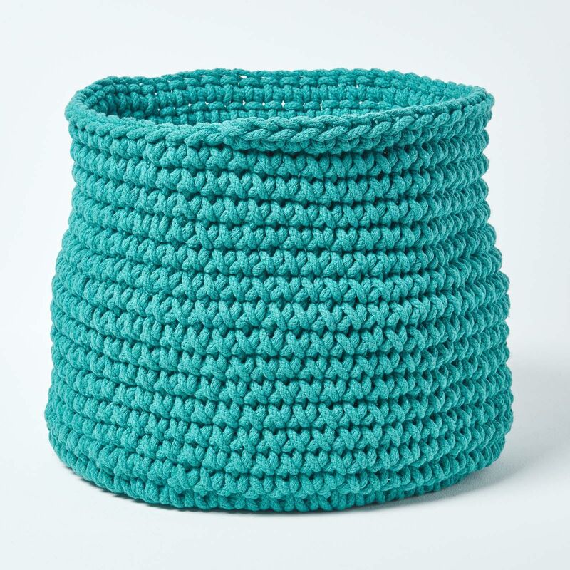 Teal Green Cotton Knitted Round Storage Basket, 42 x 37 cm - Teal Green - Homescapes