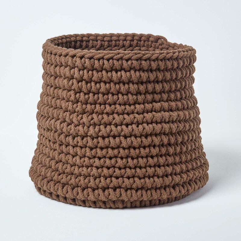 Chocolate Cotton Knitted Round Storage Basket, 42 x 37cm - Chocolate - Homescapes